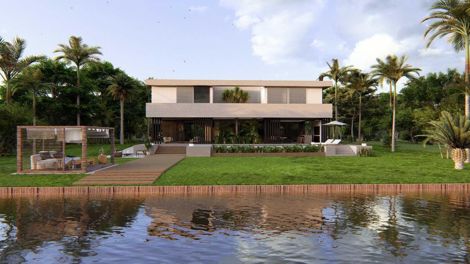 Casa moderna de dois andares à beira d'água com piscina e jardim — projeto Casa TL, por Hermann Arquitectos, em J95J+2C